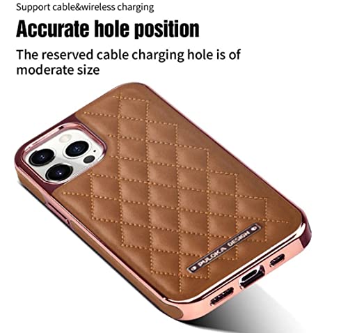 Image of PULOKA iPhone 14 PRO MAX Vegan Leather Back Cover Royal Diamond Pattern with Electroplated Case Compatible for Apple iPhone 14 PRO MAX 6.7 inchinch - Brown