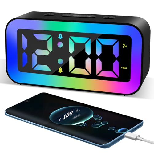 RISVOWO Reloj de Pared Digital, Despertadores Digitales Infantil con Luz RGB, Despertador Inteligente con Alarma Doble, Snooze, Brillo Regulable, Sonido Inteligente Activación, 12/24H