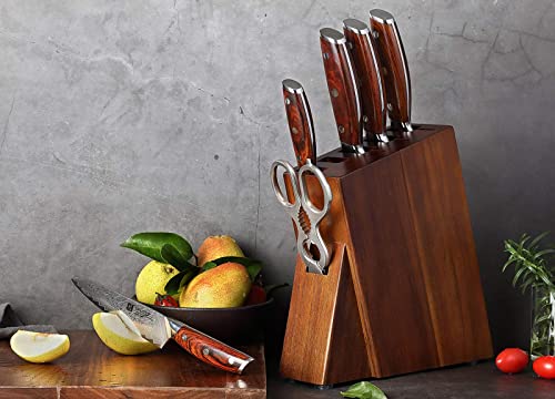 Xinzuo 7Pc Kitchen Knife Set With Block Wooden, Professional Damascus Steel Chef Knife Santoku Bread Utility Fruit Knife With Multifunctional Kitchen Shears,Ergonomic Rosewood Handle- Yi Series #TOP7