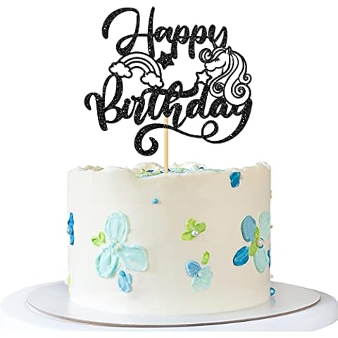 RoadSea Unicorn Happy Birthday Cake Topper - Kid Girl Birthday Cake Supplies - Welcome Baby Girl 1st Birthday Party Decorations - Black Glitter Cover