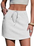 EXLURA Women's Cotton Skorts with Pockets High Waisted Casual Drawstring Skirts Built-in Shorts for Daily Lounge Travel Light Grey