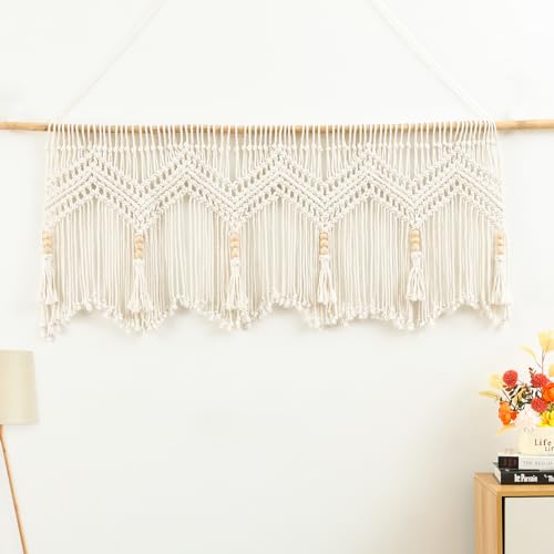 Leeva Macrame Kitchen Valances for Windows, Boho Handmade Cotton Woven