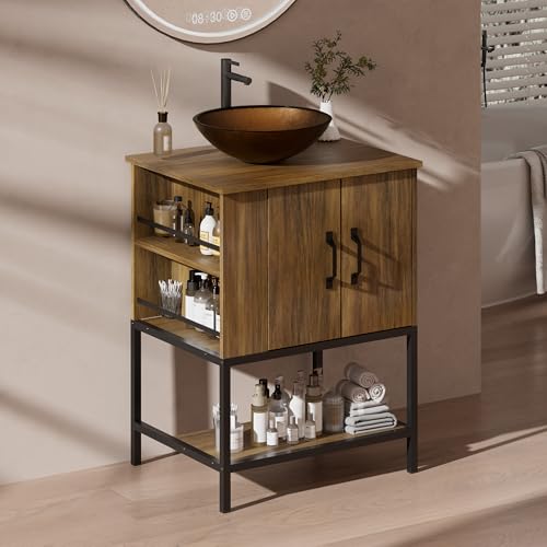 VNN Small Bathroom Vanity with Sink - 24 Inch Vanity with Sink, Freestanding Cabinet with Open Shelf, Modern Iron Wood Bathroom Cabinet with Countertop Tempered Glass Vessel, Oak