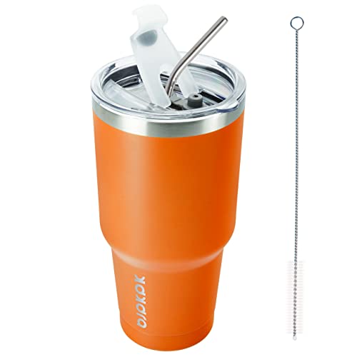Image of BJPKPK 30 oz Tumbler with Lid and Straw, Insulated Stainless Steel Cup | Double Wall Vacuum, BPA Free, Leak Proof, Keeps Hot /Cold, Travel & Beach Ready, Car Holder Fit, Orange