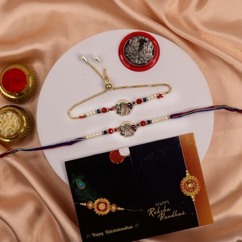 Image of Oblivion Rakhi Set for Brother and Bhabhi - Peacock with Feather Gift for Bhai & Lumba for Bhabhi with Silver Colour Coin and Greeting Card - Raksha Bandhan Combo
