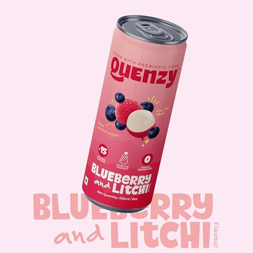 Image of Quenzy Prebiotic Soda - Blueberry Litchi | 5g Prebiotic Fibre for Gut Health | Low Calorie Soda (<15 kcal) | No Added Sugar | Zero Preservatives | Healthy Sparkling Drink | Pack of 6 x 250ml