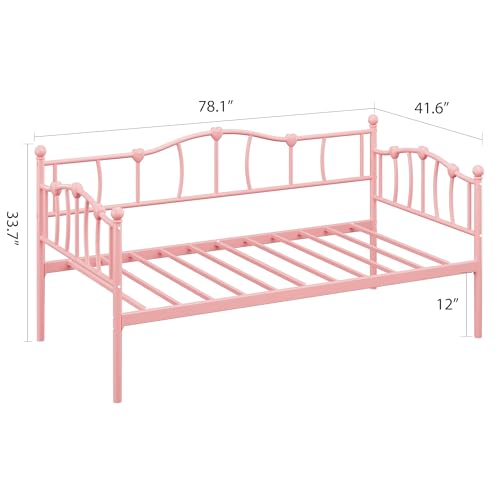 Image of GarveeHome Twin Size Daybed Frame, Sofa Bed with Stylish Headboard, Heavy Duty Steel Slat Support, Space Saving for Living Room /Bedroom /Guest Room, Pink