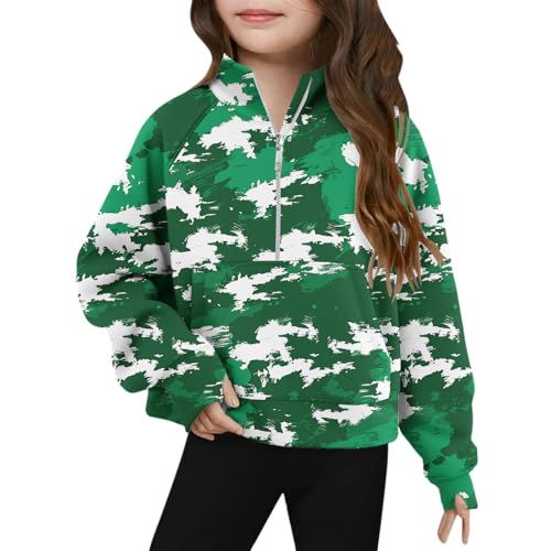 Girls Camouflage Sweatshirt Half Zip Stand Collar Loose Graphic Tee Tops Long Sleeve Pullover Casual T-Shirts for 5-14 Years