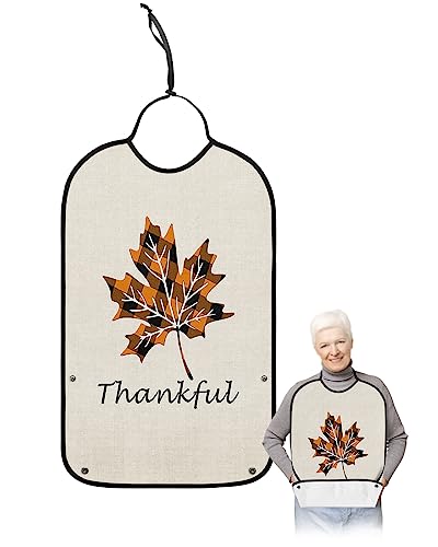 Thanksgiving Maple Leaves Adult Bibs for Eating, Waterproof Bibs with Food Catcher & Adjustable Snap Closure, Orange Black Plaid Thankful Washable Clothing Protectors Adult Bibs for Elderly Women/Men
