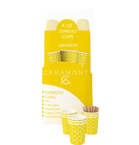 Caramont,4 Oz 200 Espresso Gobelets en Carton avec Agitateurs en Bois,Écologique et Jetables,Résistant à la Chaleur,Carton de Qualité,Idéal pour Toutes Les Boissons Chaudes ; Café,Thé,Chocolat etc Cover