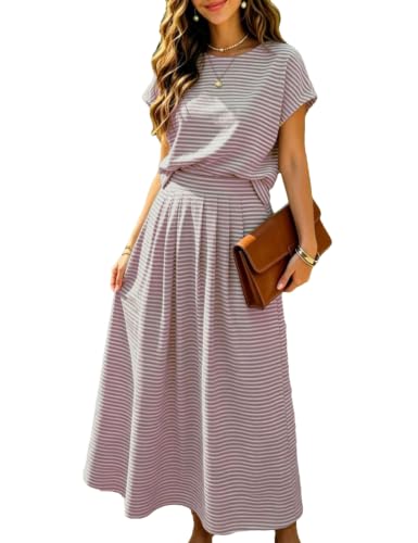 Image of Zontroldy Women's Summer 2 Piece Outfits Striped Skirt Sets Cap Sleeve Crop Top Midi Dress Matching Travel Outfits