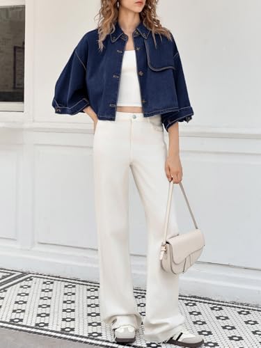 Tankaneo Womens Cropped Denim Jackets Casual Button Down Jean Shirt Shacket Loose 3/4 Sleeve Coat with Pockets2