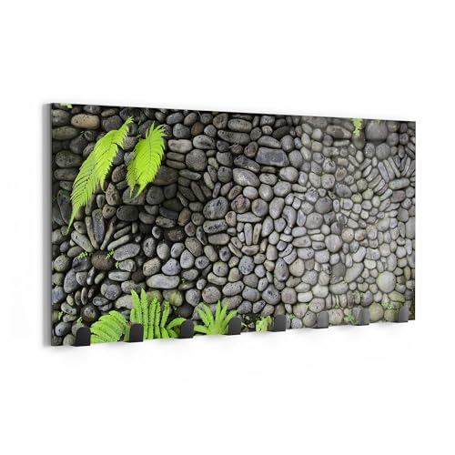 DEQORI Wandgarderobe Glas & Metall | Motiv Stein und Farn | 60x30 cm | Design Haken-Leiste modern | Garderoben-Paneel für Flur, Wohnzimmer & Schlafzimmer | magnetisch & beschreibbar