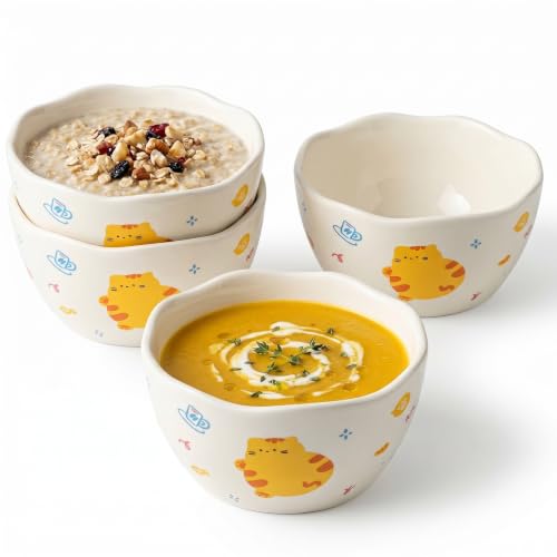 Image of Spooky Cute Ceramic Cereal & Soup Bowls (420ml) | Bowls with Top Waving Design | Microwave Safe Serving Bowls for Ramen, Noodles, Salad, Rice & Breakfast | Katori /Bati /Pyala (Set of 4, Yellow Cat)