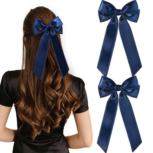 VOBOBE 2PCS Hair Bows for Women Girls Navy Stain Hair Ribbon Clips Ponytail Holder Accessories for Women Girls Toddlers Teens Kids (Navy)
