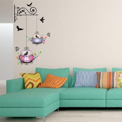 Image of Hanging Birds Cage with Flowers Wall Stickers Vinyl Wall Stickers for Bedroom,Living Room,Kids Room,Hall Wall Cover Size 46X81CM-Self-Adhesive
