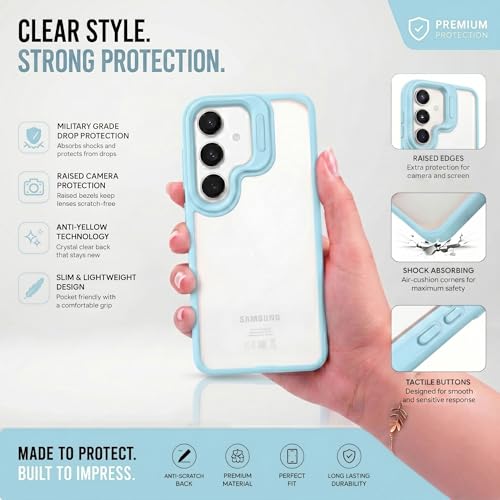 Image of amazon basics Frosted Matte Case for Samsung Galaxy S24 5G | Built-in Flip-Out Camera Lens Stand | Translucent Back with Contrast Blue Bumper | Shockproof Protective Cover with Foldable Kickstand