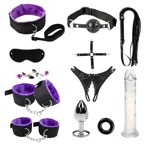BDSM Bondage Set für Halloween, 12 Stück Fesseln Sex Set Perfekt Bondage Set mit Handschellen Nippelklemmen Augenmaske Peitsche, Erotik SM Sexspielzeug für Anfänger und Erfahr (D)
