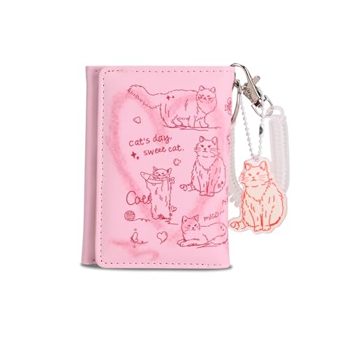 Wallet Women, Cute Pink Cat Ladies Wallet, Small Trifold Wallets Woman Business Credit Card Holder Purse with ID Window for Cash (Cute Cat)