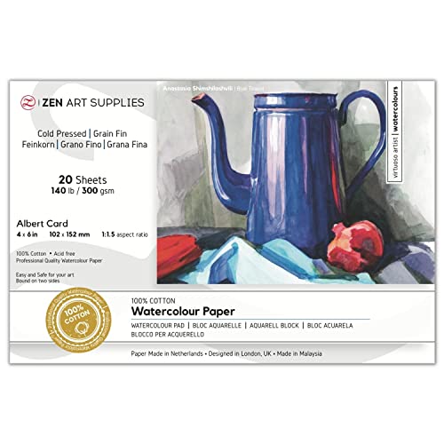 Watercolor Paper Block 4x6 in ZenART 100% Cotton Watercolor Paper Cold Pressed 140 lb / 300 GSM Acid-Free 20 Sheets Thick Absorbent Artist Grade for Water Color Gouache and Other Wet Media