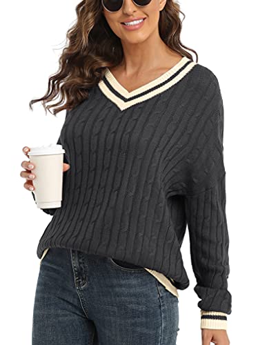 VIISHOW Women Sweaters Oversized Knit Color Block Drop Shoulder Sleeve Pullover Sweater Tops,Contrast Gray,Medium