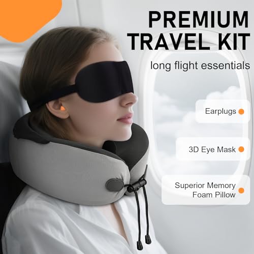 Image of Travel Pillow, Hooded Neck Pillow Airplane for Sleeping, Memory Foam Traveling Pillow for Long Flights, Portable Plane Accessories (Charcoal Black) (Gray)