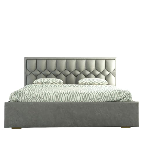 Image of Premium King Size Upholstered Bed with Padded Headboard | Platform Bed for Master Bedroom, Comfortable Back Support & Elegant Bedroom Furniture | Strong & Durable Solid Wood Frame | Grey