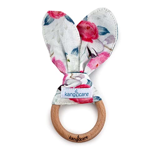 Image of Kanga Care Baby Soft Muslin Sensory Crinkle Bunny Ear Wood Teething Ring - Lily Flowers