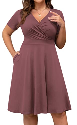 Image of POSESHE Womens Plus Size Dresses Summer Short Sleeve Wrap V-Neck Sundress Casual Wedding Guest Cocktail Dress with Pockets