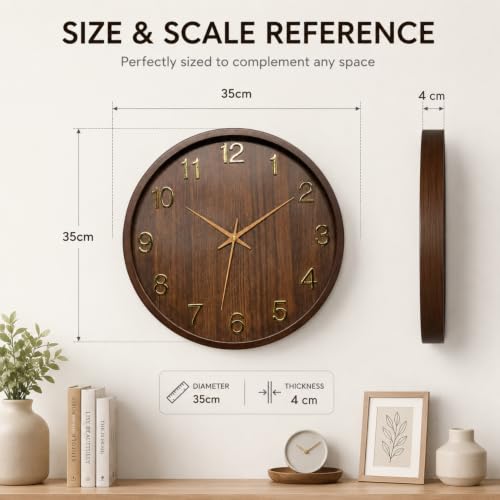 Image of STAR WORK 14 inch Inch Silent Wall Clock - Wood Finish Analog Clock with Gold Numerals, Non-Ticking Quartz Movement, Modern Decorative Wall Clock for Living Room, Bedroom & Office. (Brown 14-inch (35cm)