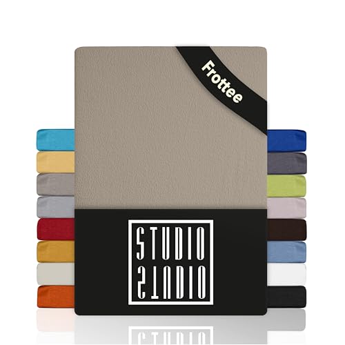 STUDIO Basic Frottee Spannbettlaken 140x200cm – weiches Frottee-Spannbetttuch aus 80 % Baumwolle & 20 % Polyester – Taupe – Öko-Tex...