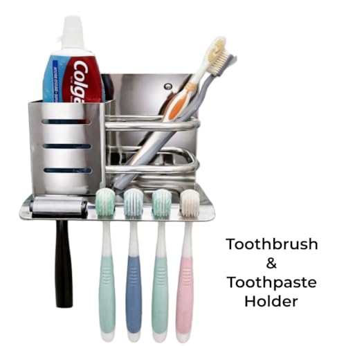 Image of Wall Mounted Toothbrush Holder Organizer, Stainless Steel Bathroom Tumbler & Toothpaste Stand, 4 Brush Slots, Mirror Finish, Rustproof Storage Rack (15 x 13.5 x 11 cm, Silver)