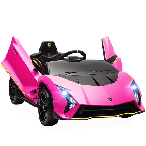 AIYAPLAY Coche Eléctrico para Niños de +3 Años Lamborghini Autentica 2 Motores Potentes Coche Eléctrico con Batería 12V Velocidad 3 5 km/h Mando a Distancia 2,4G Faros Bocina Arranque Suave y MP3 Rosa