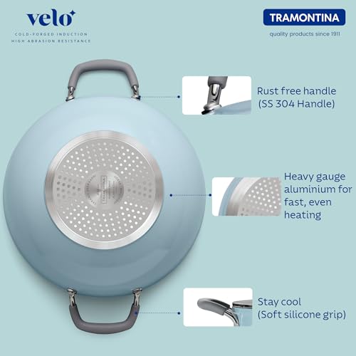 Image of TRAMONTINA Velo 22cm / 2.9L Forged with Ceramic Reinforced Interior Kadai | Tempered GlassLid | Kadhai for Curry, Deep-Fry, Stir-Fry | Silicone Grip Handles | Gas /Induction | Sea Blue