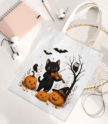 Image of Cute Cat Canvas Tote Bag for Women， Aesthetic Reusable Shoulder Bag for Shopping Travel Work