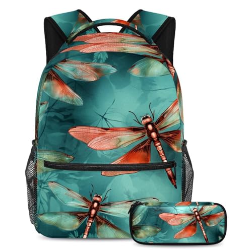 Sac à dos libellule rouge 2 pièces avec trousse pour l'école et les voyages des ados