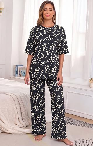 Image of PrinStory Womens Pajamas Sets 2 Piece Lounge Set Short Sleeve Tops and Long Pants Soft Pjs Loungewear with Pockets