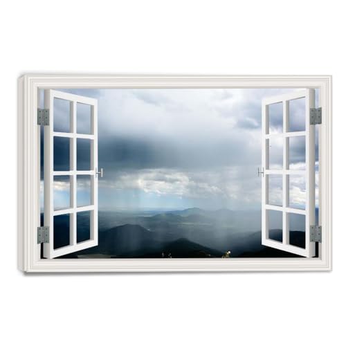 Vue montagne et lac pour salon avec cette toile effet fenêtre ouverte