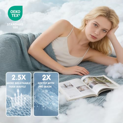 Image of EMME Muslin Cotton Blanket Adults Heather Teal Super King 120 inchx94 inch