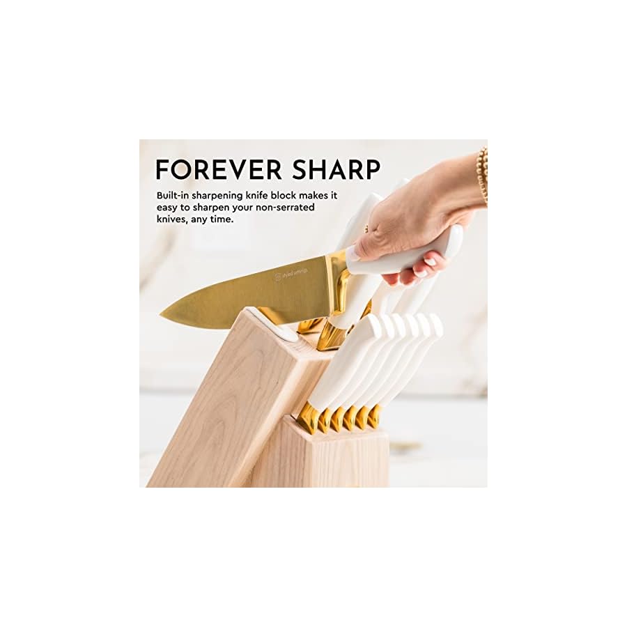 White-and-Gold-Knife-Set-with-Block-Self-Sharpening-14-Piece-Luxurious-Titanium-Coated-Gold-and-White-Kitchen-Knife-Set-Ashwood-Wood-Knife-Block-with-Sharpener-White-and-Gold-Kitchen-Accessories White and Gold Knife Set with Block Self Sharpening - 14 Piece Luxurious Titanium Coated Gold and White Kitchen Knife Set & Ashwood Knife Block with Sharpener - White and Gold Kitchen Accessories
