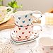WAIT FLY Heart Shaped Ceramic Coffee Mug Set with Saucer, Tea Cup, Breakfast Cup, Dessert Plate-Red-8 OZ