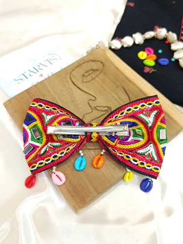 Starvis Navratri Special Hair Accessories Bow Tie Hair Bow Clip – Traditional Embroidered Bow for Women & Girls, Festive Hair Accessory for Garba, Dandiya, and Indian Ethnic Wear Hair Clip with Shell Dandiya Night For Women