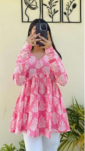 Image of Women's V Neck Short Kurti for Women | Floral Printed Cotton Blend Kurti | Full Sleeve Flared Tunic Top | Casual Ethnic Kurta Top for Women | Stylish Kurti with Jeans