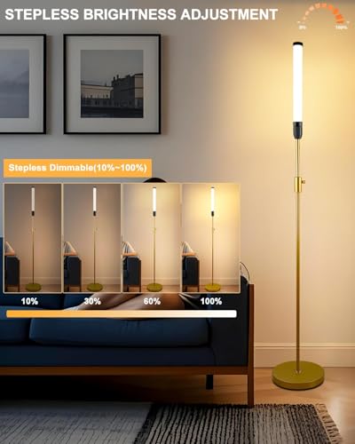 Image of Lightdot 68IN LED Floor Lamp for Living Room, Stepless Dimmable(10-100% Brightness) Modern Standing Tall Lamps with Milky White Cylindrical LampHead,Mid Century Industrial Floor Lamps for Bedroom-Gold
