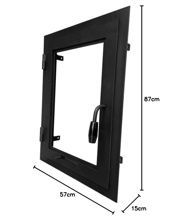 Puerta de ahumado 45 x 78 cm, de una hoja, cristal grande, puerta de la chimenea con cristal para el horno de pizza, hierro fundido. Sentido de apertura: izquierda | El mango está a la derecha.