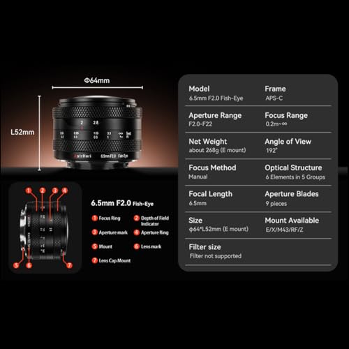 AstrHori 6.5mm F2.0 Camera Lens 192°Ultra-Wide Angle of View Fish Eye Lens 20cm Close-up Distance 192°Circular Angle F2 Large-Aperture Camera Can be used with Drones Compatible with Nikon z Mount Lens by AstrHori - Used condition - Image 6