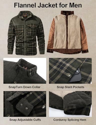 Image of Flygo Men's Sherpa Lined Plaid Flannel Shirt Jacket Snap Button Warm Winter Jacket with Pockets