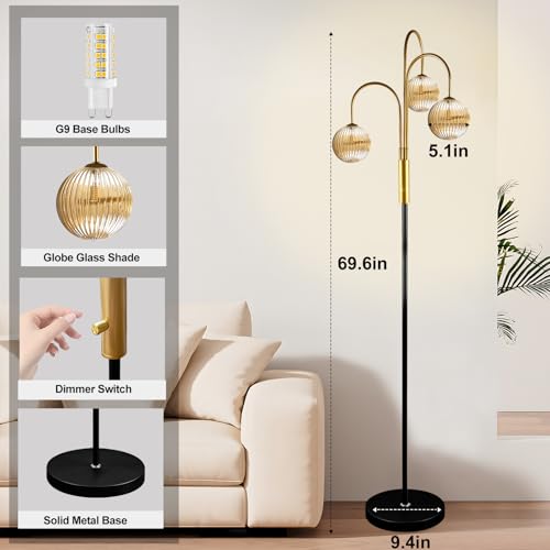 Image of Lightdot 70IN Dimmable Floor Lamp for Living Room, 3 Light LED Tree Floor Lamps with Glass Globe Shade& Bulb Included, Mid Century Standing Tall Lamp with 5Lbs Heavy Base for Bedroom-Black&Gold