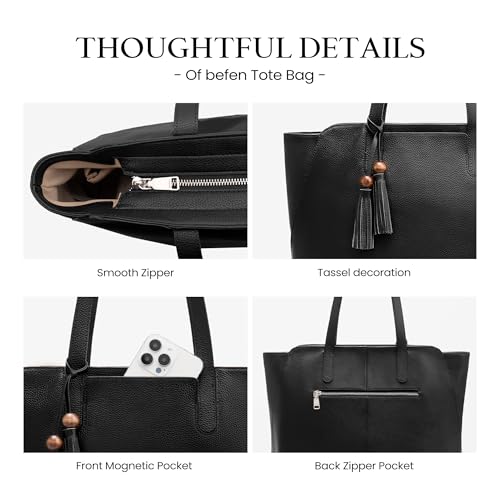 Image of befen Genuine Leather Tote Bag for Women Work, Women's Tote Handbags Shoulder Satchel Purse with Compartments and Tassel