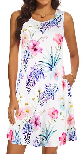 Image of Summer Dresses for Women 2026 Casual Sundresses Beach Cover Ups Sleeveless Tshirt Swing Dress with Pockets